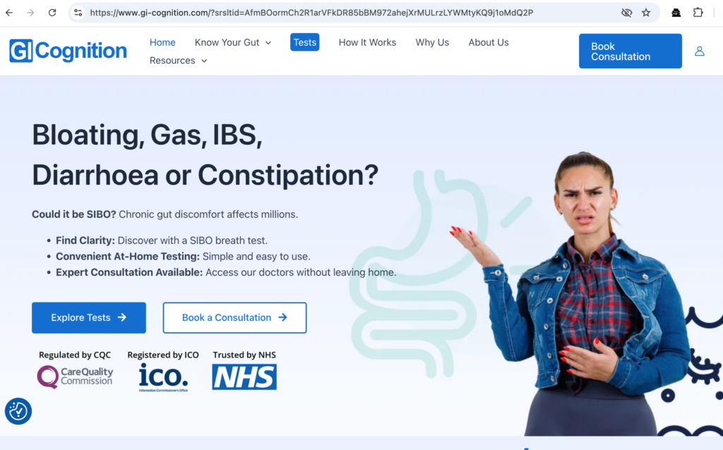 Image: GI Cognition Logo SERPs Text: "GI Cognition’s gut health diagnostics reviewed by Blueringed O2C experts." Alt Text: "GI Cognition logo for advanced gut health testing solutions."
