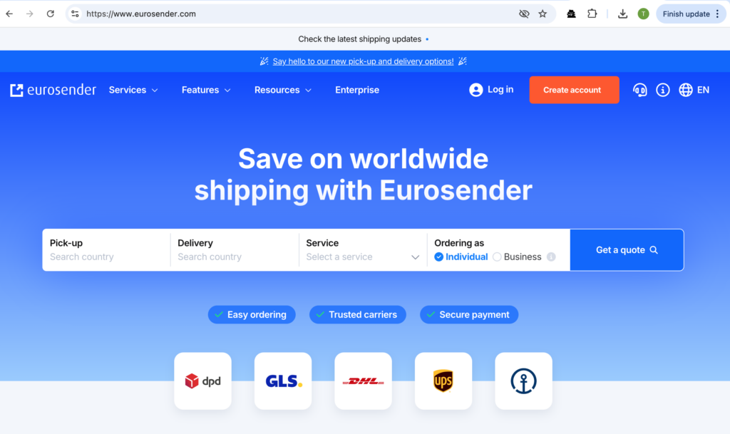 Eurosender logo with a European map backdrop.