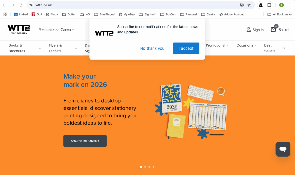 Alt Text: Where The Trade Buys homepage screenshot highlighting printing services for strategy, market growth, and SEO-optimised promotional products.